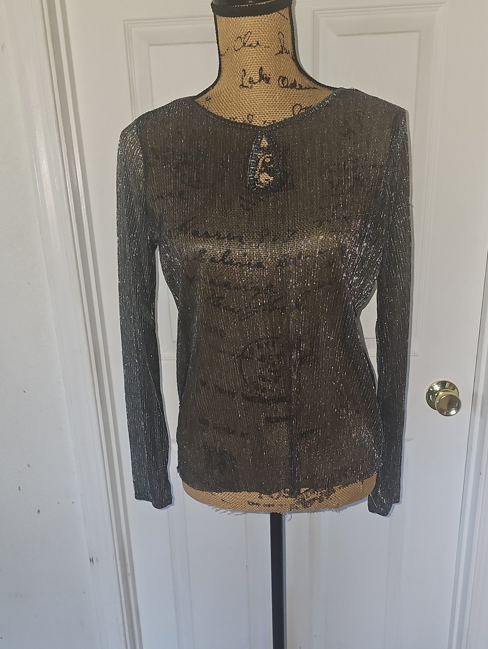 Sheer Metallic Long-Sleeve Blouse in Black